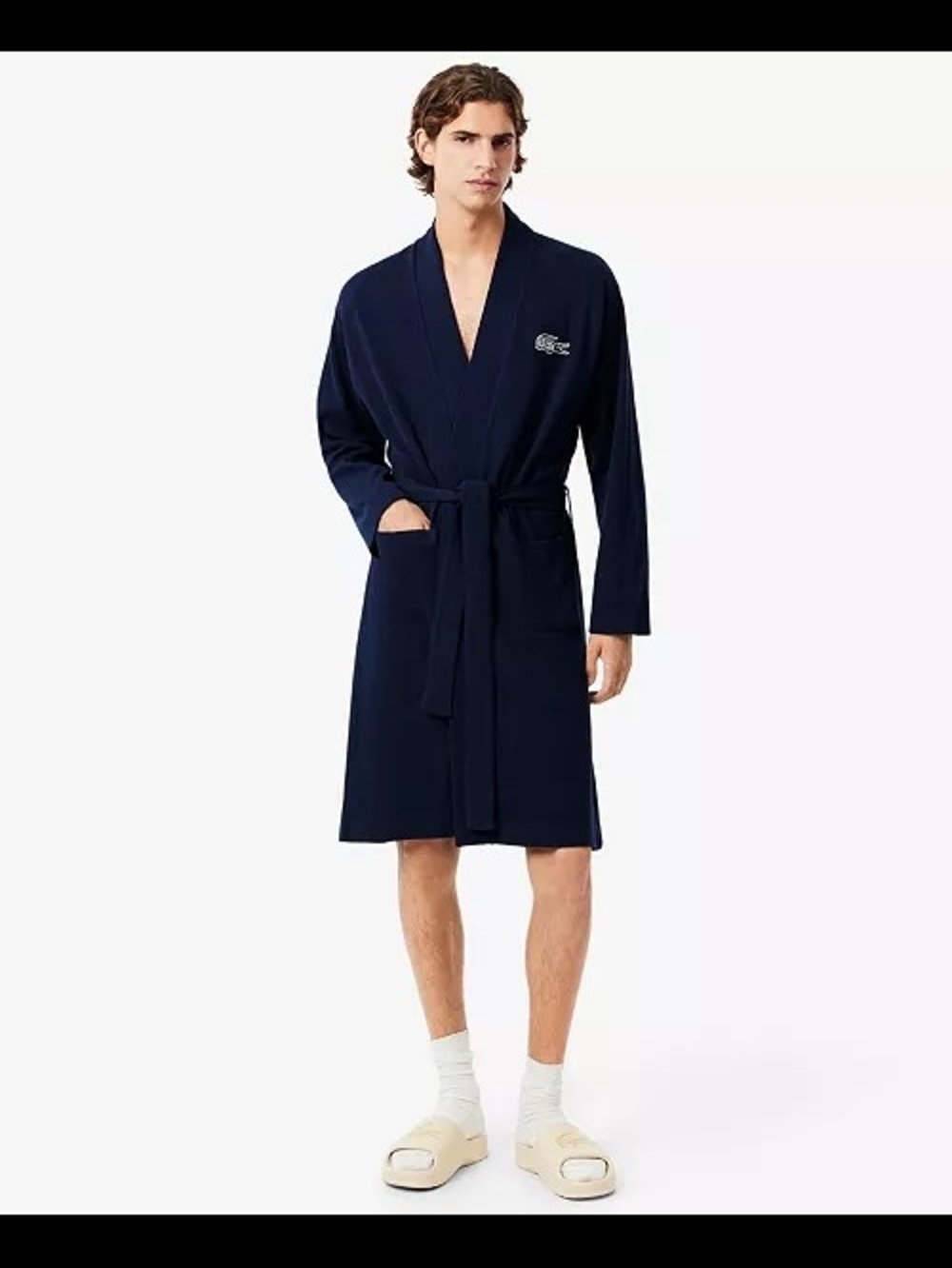 Lacoste Men's Waffle-Knit Thermal Robe Navy Blue Size S/M